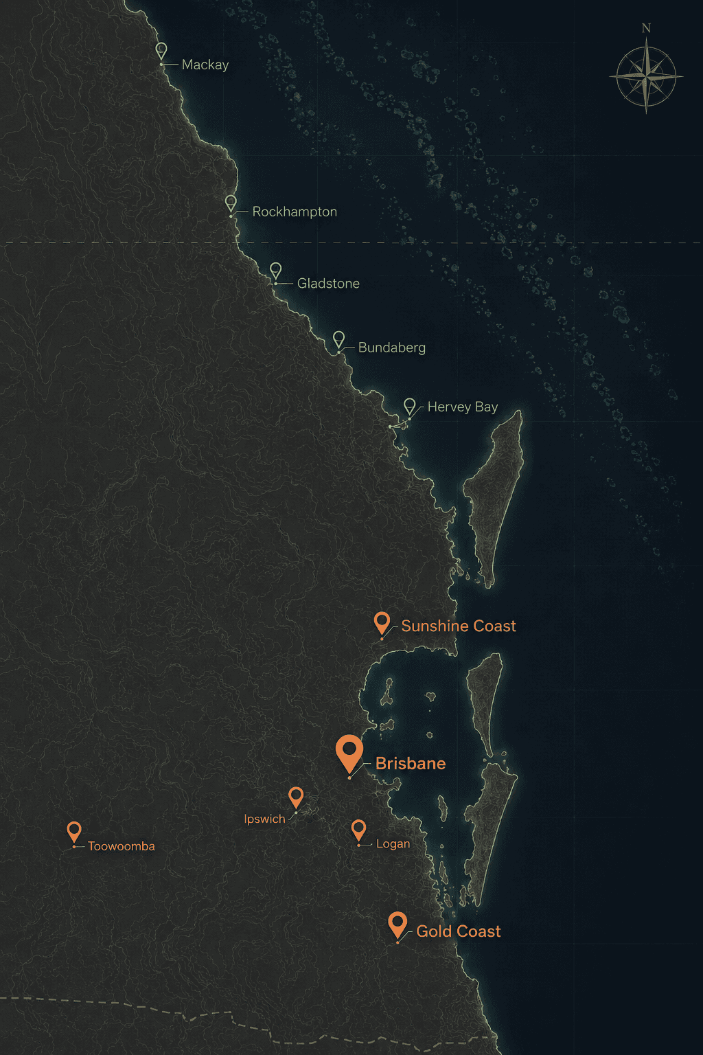 Map of the Queensland coast showing SEQ Car Buyers' coverage — the six South East Queensland markets (Brisbane, Gold Coast, Sunshine Coast, Ipswich, Logan and Toowoomba) plus extended reach up the coast through Hervey Bay, Bundaberg, Gladstone, Rockhampton and Mackay.